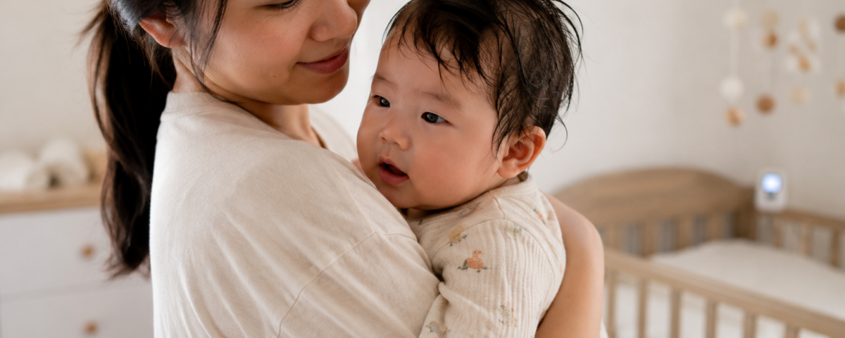 Mother picks up baby after a nap | Baby sweating | SafeSleep | Sleep monitoring devices