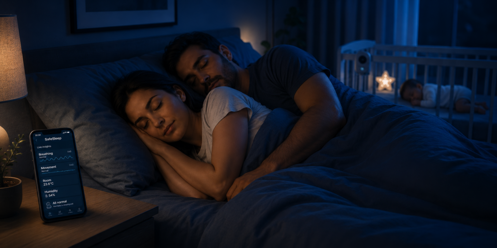 Parents sleeping with a baby sleep monitor | SafeSleep | Sleep monitoring devices