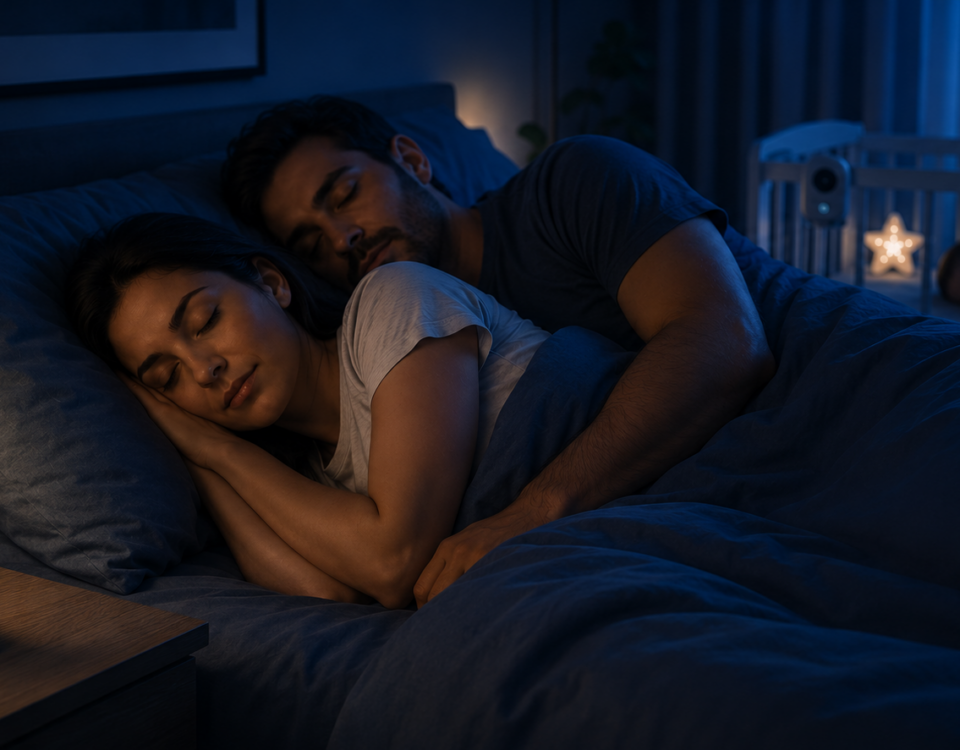 Parents sleeping with a baby sleep monitor | SafeSleep | Sleep monitoring devices
