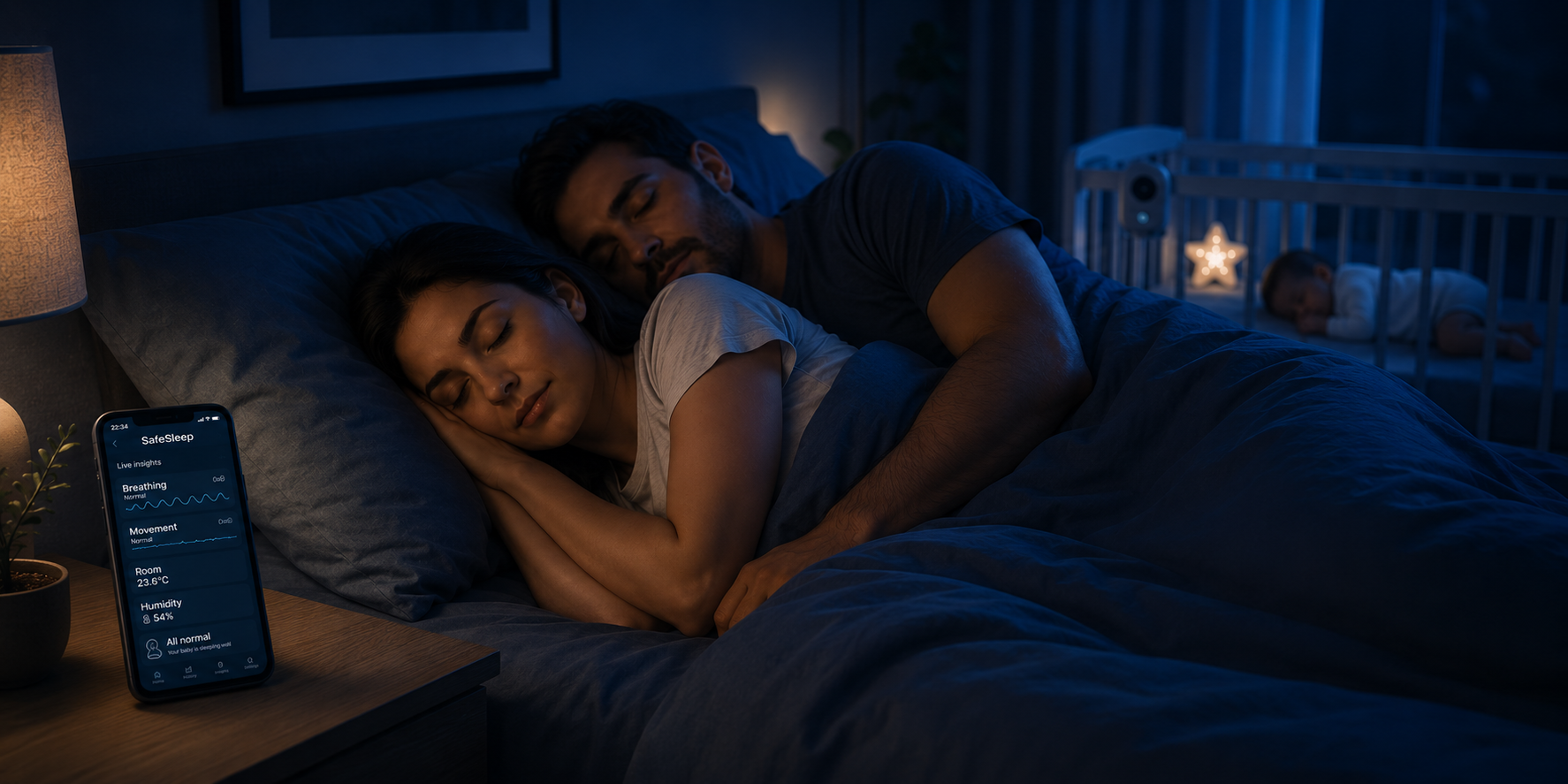 Parents sleeping with a baby sleep monitor | SafeSleep | Sleep monitoring devices